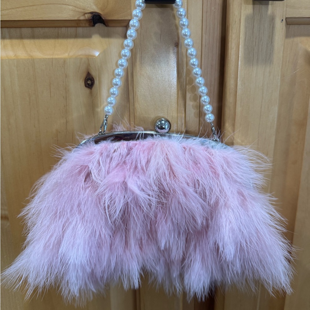 Icing Pink Fluffy Clutch with Pearl Strap